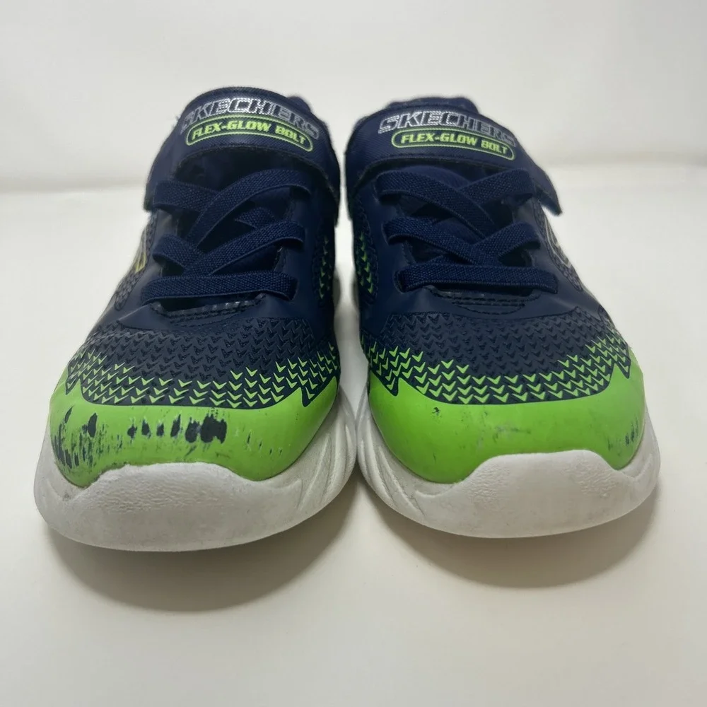 Skechers S-Lights: Boys Flex-Glow‎ Bolt Sneakers Size 2, Navy/Green/Yellow